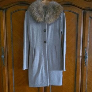 Gerard Darel Gray Trench Coat with Faux Fur Collar